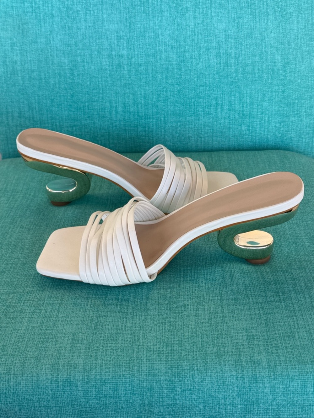 White Strappy Slide Heels with Sculpted Metallic Heel